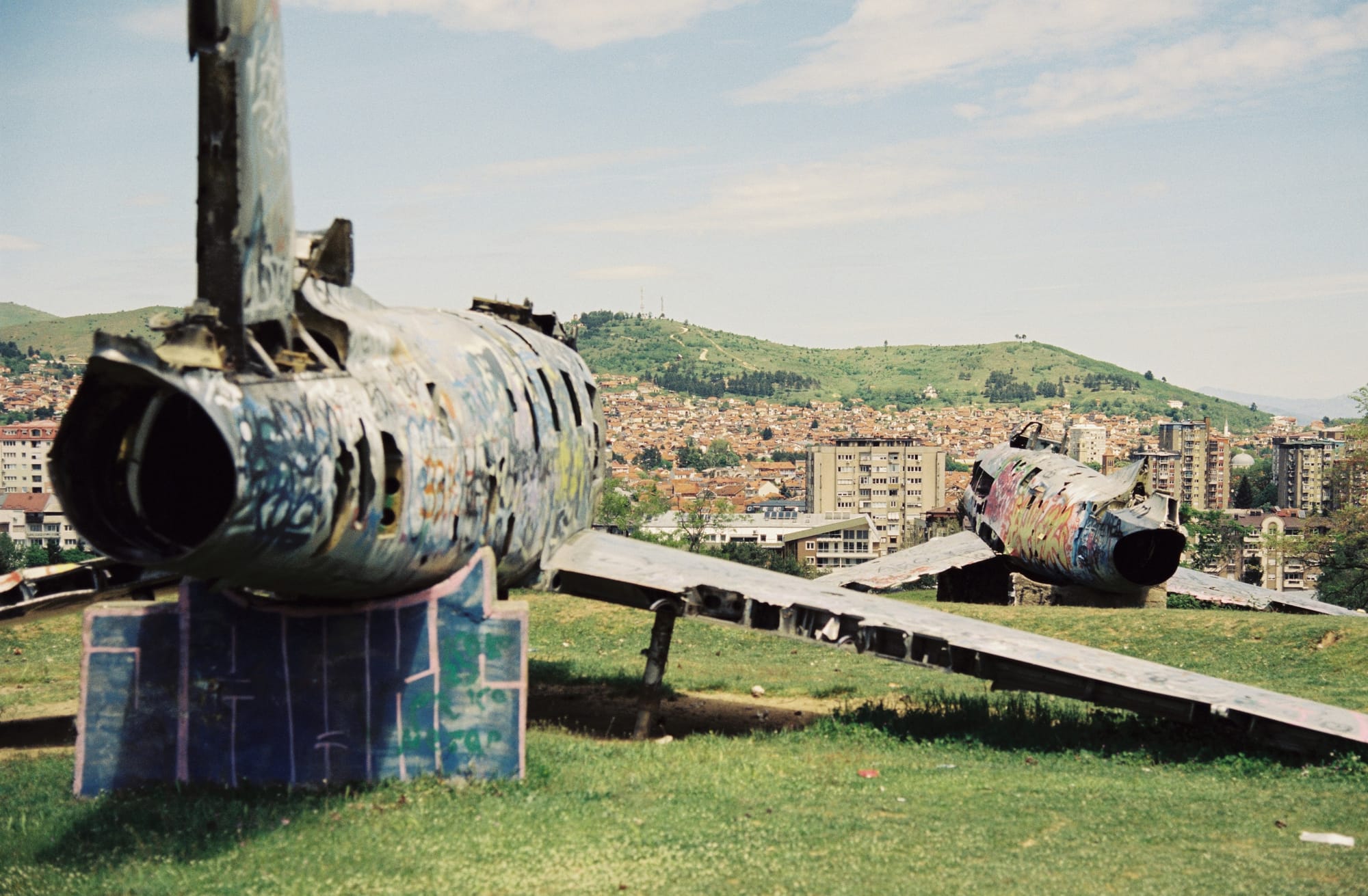 Bitola, North Macedonia — Two retired F-86 Sabres on "Kaj avionite" left to the graffit
